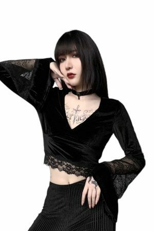 Y2K Streetwear Goth V-Neck Long Sleeve Women's Top