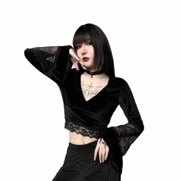 Y2K Streetwear Goth V-Neck Long Sleeve Women's Top