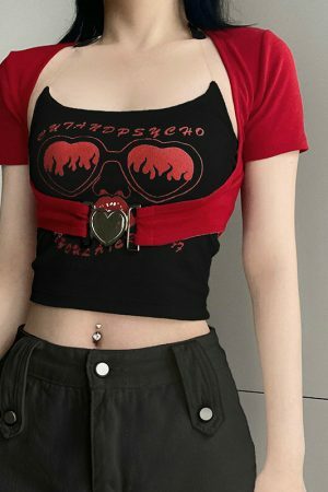 Y2K Streetwear Gothic Aesthetic 2-Piece Sets Grunge Punk Print Halter Camis Tops Hollow Out Crop Blouses