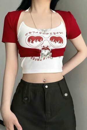 Y2K Streetwear Gothic Aesthetic 2-Piece Sets Grunge Punk Print Halter Camis Tops Hollow Out Crop Blouses