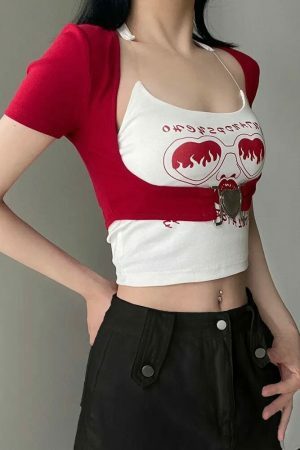 Y2K Streetwear Gothic Aesthetic 2-Piece Sets Grunge Punk Print Halter Camis Tops Hollow Out Crop Blouses