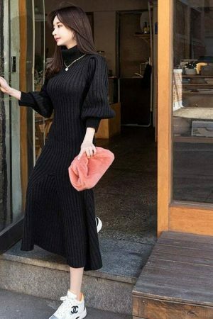 Y2K Streetwear High Neck Slim Sweater Bodycon Dress