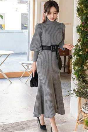 Y2K Streetwear High Neck Slim Sweater Bodycon Dress