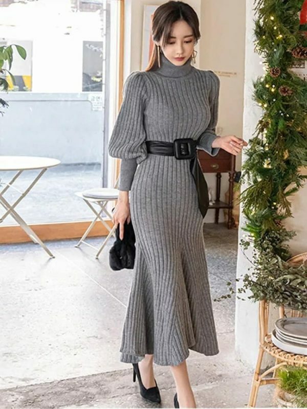 Y2K Streetwear High Neck Slim Sweater Bodycon Dress