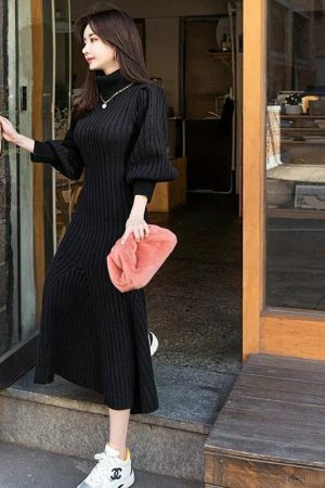 Y2K Streetwear High Neck Slim Sweater Bodycon Dress