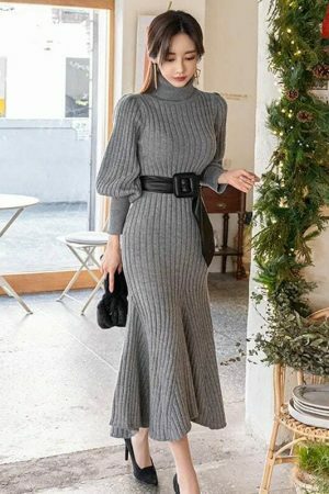 Y2K Streetwear High Neck Slim Sweater Bodycon Dress