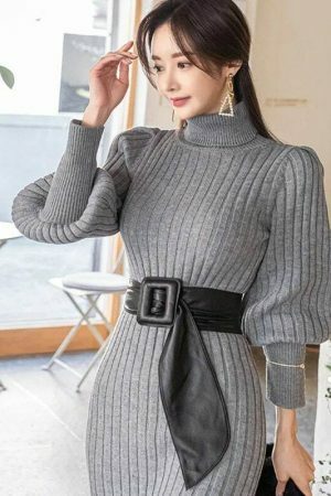 Y2K Streetwear High Neck Slim Sweater Bodycon Dress