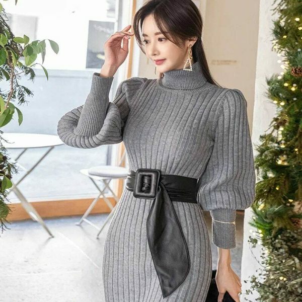 Y2K Streetwear High Neck Slim Sweater Bodycon Dress