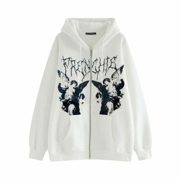 Y2K Streetwear Hoodie with Dark Print and Oversized Zip-Up