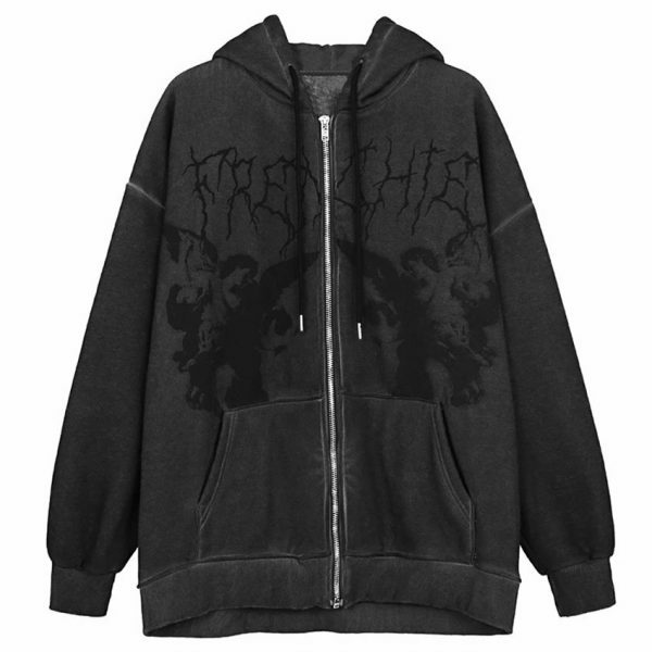 Y2K Streetwear Hoodie with Dark Print and Oversized Zip-Up