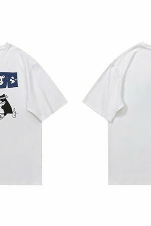 Y2K Streetwear Japanese Cat Drinking Kanji T-Shirt