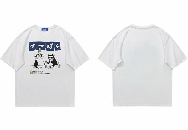 Y2K Streetwear Japanese Cat Drinking Kanji T-Shirt