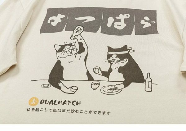 Y2K Streetwear Japanese Cat Drinking Kanji T-Shirt