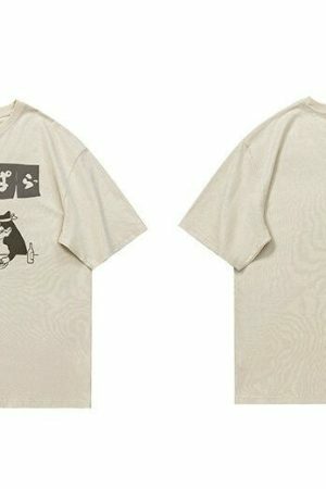 Y2K Streetwear Japanese Cat Drinking Kanji T-Shirt