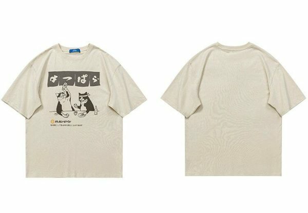 Y2K Streetwear Japanese Cat Drinking Kanji T-Shirt