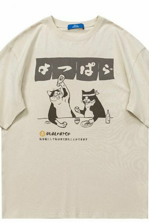 Y2K Streetwear Japanese Cat Drinking Kanji T-Shirt