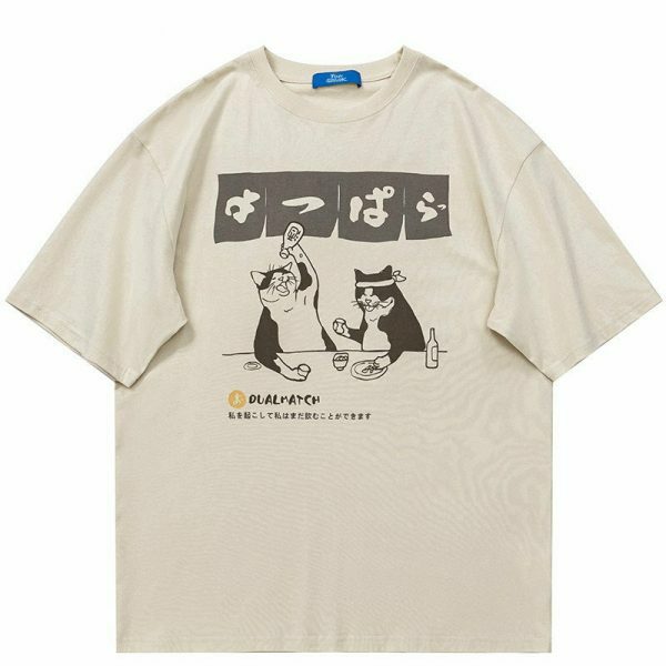 Y2K Streetwear Japanese Cat Drinking Kanji T-Shirt