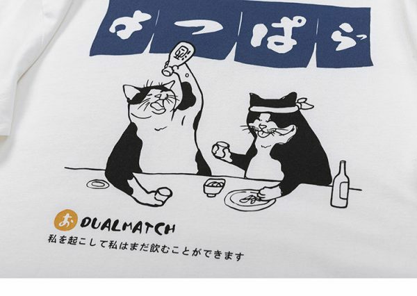 Y2K Streetwear Japanese Cat Drinking Kanji T-Shirt