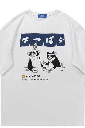 Y2K Streetwear Japanese Cat Drinking Kanji T-Shirt