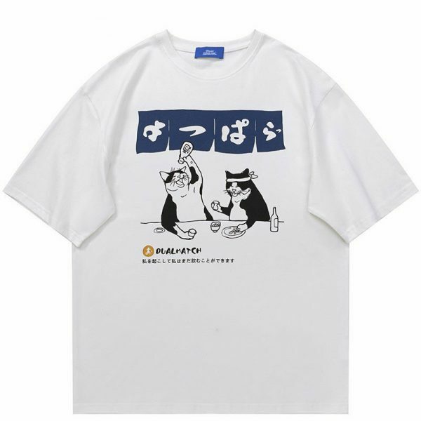 Y2K Streetwear Japanese Cat Drinking Kanji T-Shirt