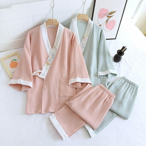 Y2K Streetwear Japanese Kimono Pajama Set for Women, Long Sleeve Two-Piece Suit