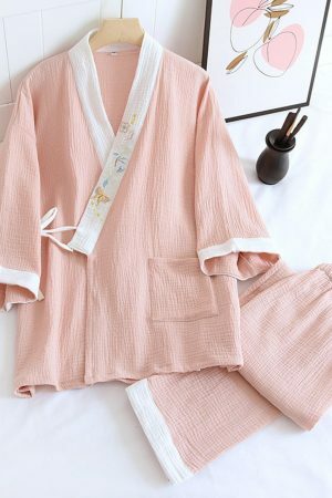 Y2K Streetwear Japanese Kimono Pajama Set for Women, Long Sleeve Two-Piece Suit