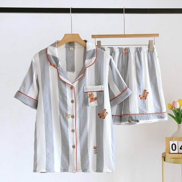 Y2K Streetwear Japanese Pajama Set for Women - Short Sleeve Two Piece Cotton Crepe Home Attire - Cute Sleepwear