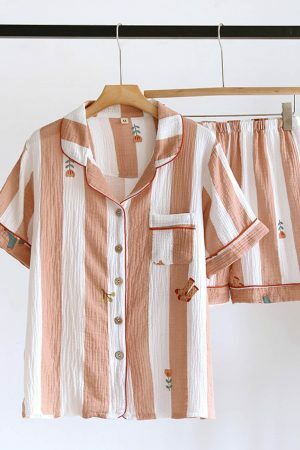 Y2K Streetwear Japanese Pajama Set for Women - Short Sleeve Two Piece Cotton Crepe Home Attire - Cute Sleepwear