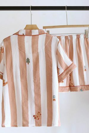 Y2K Streetwear Japanese Pajama Set for Women - Short Sleeve Two Piece Cotton Crepe Home Attire - Cute Sleepwear