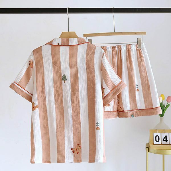 Y2K Streetwear Japanese Pajama Set for Women - Short Sleeve Two Piece Cotton Crepe Home Attire - Cute Sleepwear