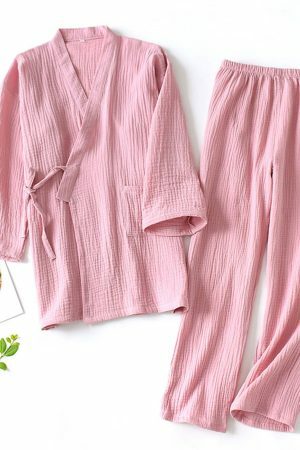 Y2K Streetwear Kimono Pajama Set for Couples - Cotton Loose V-Neck Sleepwear