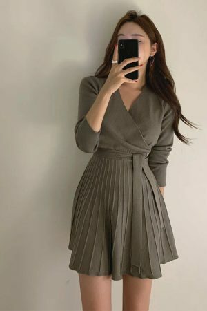 Y2K Streetwear Knit Mini Dress | Autumn Women's Korean Morrie Pleated Wrap