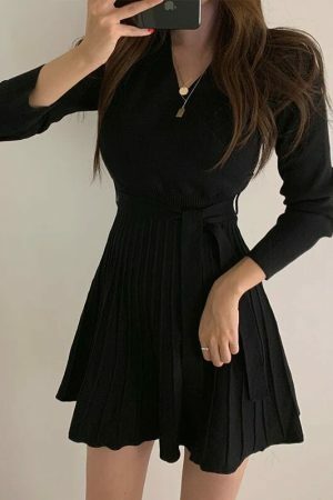 Y2K Streetwear Knit Mini Dress | Autumn Women's Korean Morrie Pleated Wrap