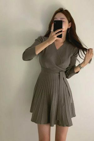 Y2K Streetwear Knit Mini Dress | Autumn Women's Korean Morrie Pleated Wrap