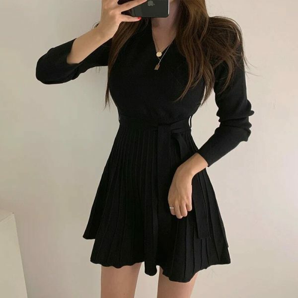 Y2K Streetwear Knit Mini Dress | Autumn Women's Korean Morrie Pleated Wrap