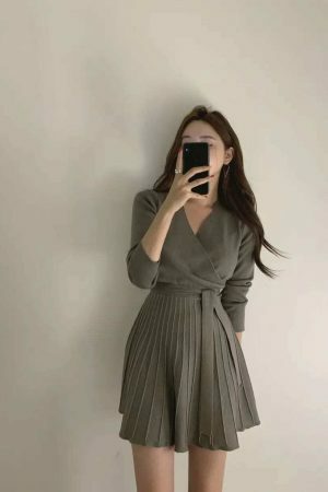 Y2K Streetwear Knit Mini Dress | Autumn Women's Korean Morrie Pleated Wrap