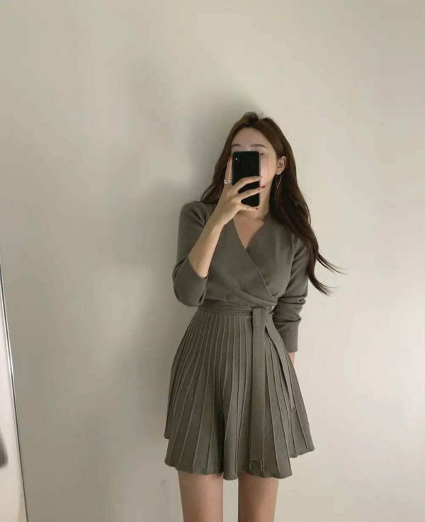 Y2K Streetwear Knit Mini Dress | Autumn Women's Korean Morrie Pleated Wrap