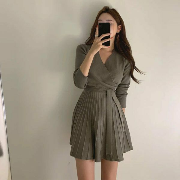 Y2K Streetwear Knit Mini Dress | Autumn Women's Korean Morrie Pleated Wrap