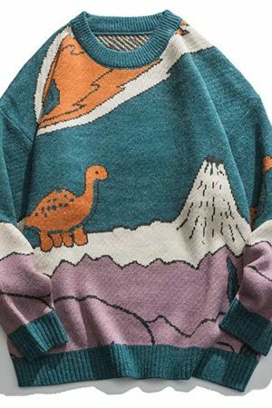 Y2K Streetwear Knitted Dinosaur Sweater