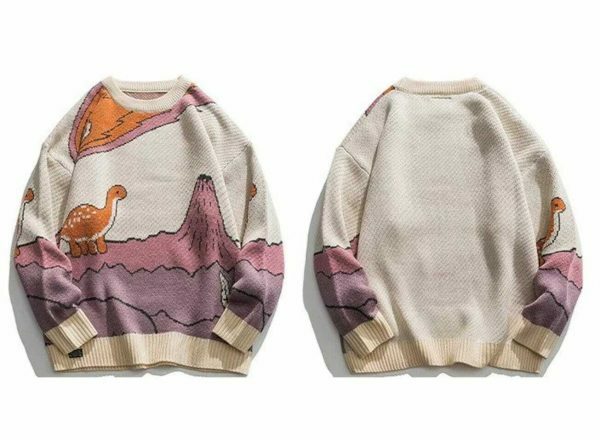 Y2K Streetwear Knitted Dinosaur Sweater