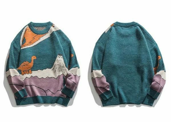 Y2K Streetwear Knitted Dinosaur Sweater