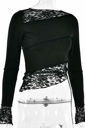 Y2K Streetwear Lace Patchwork Slim Fit Long Sleeve Top