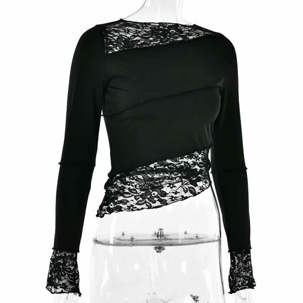 Y2K Streetwear Lace Patchwork Slim Fit Long Sleeve Top