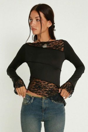 Y2K Streetwear Lace Patchwork Slim Fit Long Sleeve Top