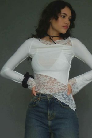 Y2K Streetwear Lace Patchwork Slim Fit Long Sleeve Top