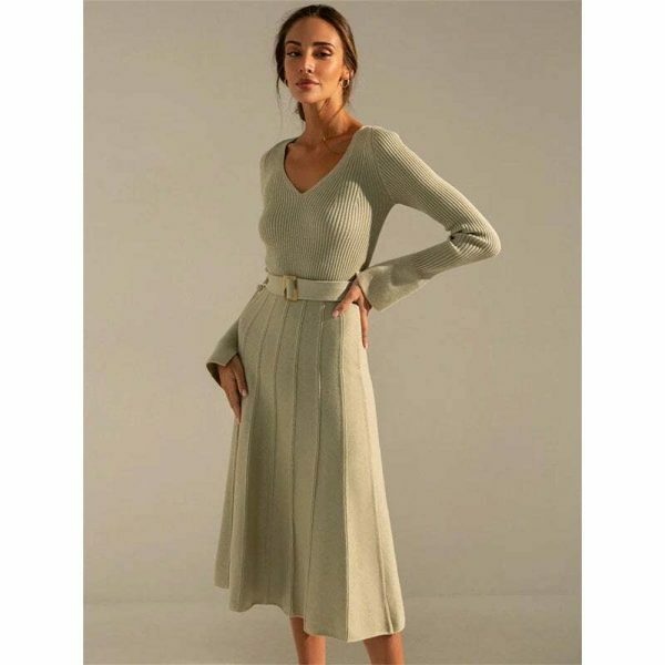 Y2K Streetwear Maxi Dress with Knitted Belt & Ribbed V-Neck