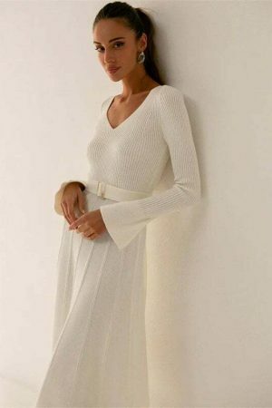 Y2K Streetwear Maxi Dress with Knitted Belt & Ribbed V-Neck