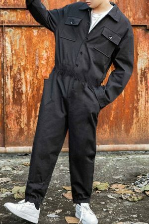 Y2K Streetwear Men's Cargo Jumpsuit Romper Safari Style Casual Trousers