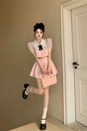 Y2K Streetwear Pearl Flower Top and Skirt Set, Korean Schoolgirl Style, Pink/Black/Blue