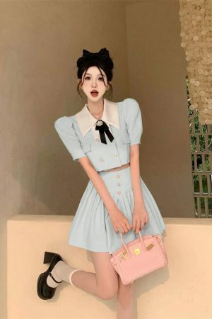 Y2K Streetwear Pearl Flower Top and Skirt Set, Korean Schoolgirl Style, Pink/Black/Blue